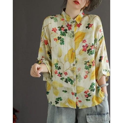 Johnature Women Linen Shirts Turn-down Collar Three Quarter Sleeve Print Floral Loose Blouse 2021 Summer New Vintage Shirts