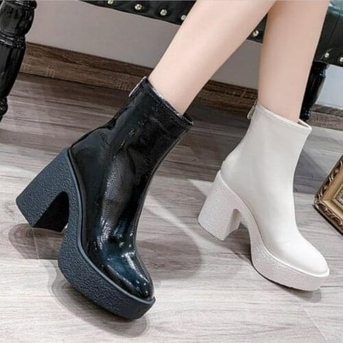 2021 Fashion Women Boots Square High Heel Ankle Boots Round Toe Winter Shoes Woman Warm Comfort Platform Black Zipper Boots