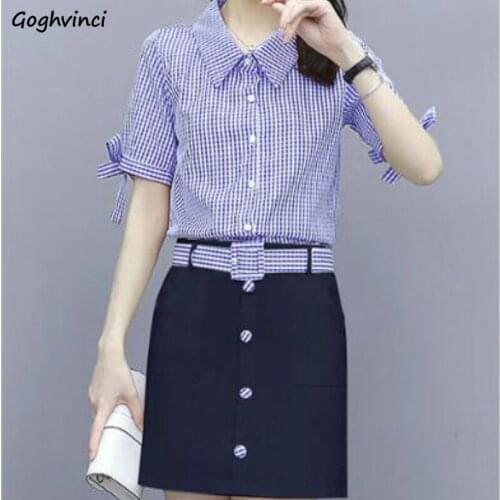 Women Sets Lace-up Sleeve Turn-down Collar Plaid Pocket Belt Single-breasted Mini-skirt Office Lady Slim Formal Comfortable Chic