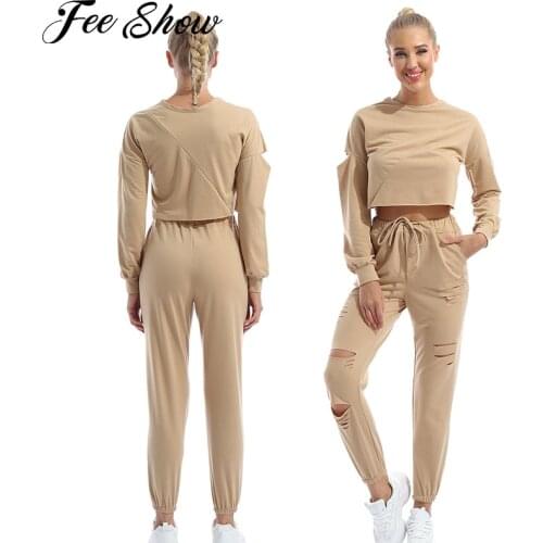 2Pcs Women Spring Autumn Casual Tracksuits Sportswear Long Sleeve Short T-shirt Elastic Waist Ripped Pants Set for Casual Sports