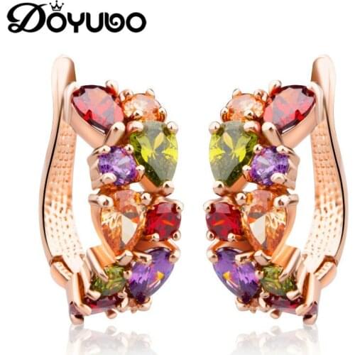 DOYUBO Hot Sale Womens Colorful Cubic Zirconia Copper Hoop Earrings Gold Color High Quality CZ Lady Earrings Fine Jewelry EA001