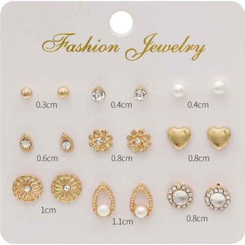 European and American creative crystal earrings exquisite flower pearl set 9 piece female earrings