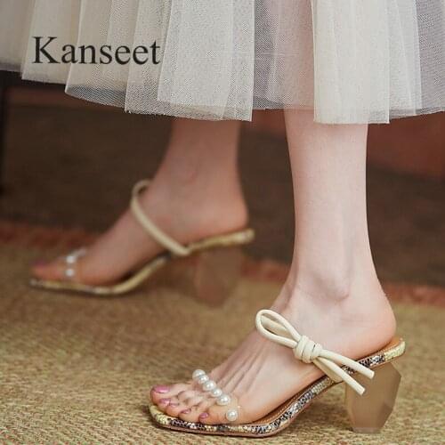 Kanseet 2021 New Arrival Women Shoes Summer Square Toe Pearls Sequins Fashion Design Handmade Hot Sale 7cm High Heel Slippers