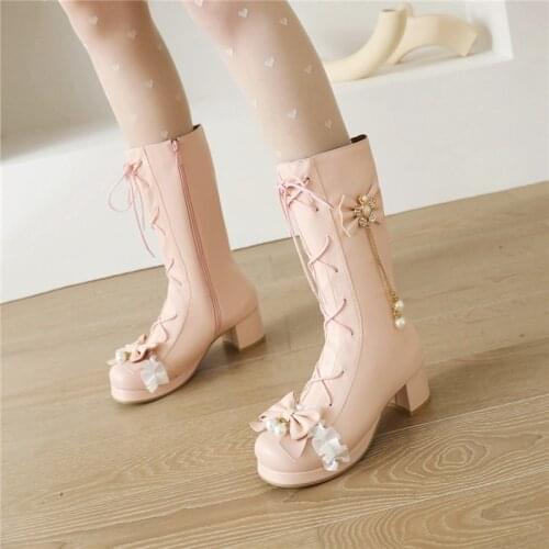 YQBTDL Lolita Style Flower Rhinestone Chain Butterfly-knot Boots for Women Mid-calf JK Kawaii Sweet Wedding Girl Shoes Pink 2021