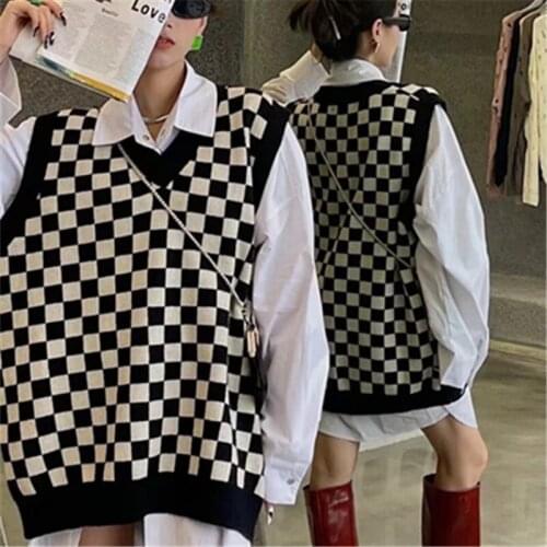 2021 New Women Checkerboard Sweater Knitted Vest Korean Tops Oversize Vintage Sleeveless Harajuku V-Neck Plaid Sweater Pullovers