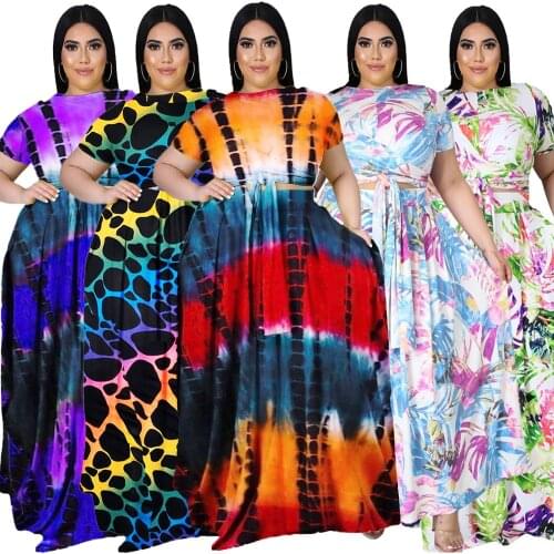 5xl Plus Size Women Clothing Two Piece Set Casual Round Neck Short Sleeves Summer Elegant Maxi Skirt Suit Wholesale Dropshipping