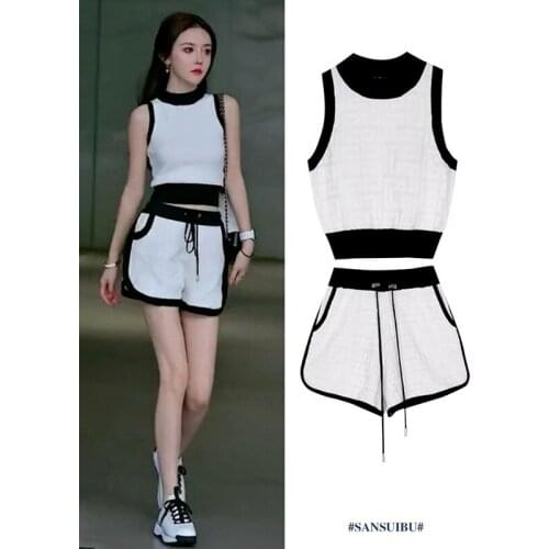 Casual Contrast Color Stitching Sports Suit Womens Short Sleeveless Vest Tops+drawstring Shorts Two-piece Suit