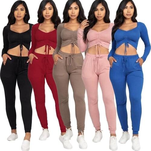 Woman Solid Color Two Piece Outfits Ruched Drawstring Long Sleeve Crop Top and High Waist Sporty Legging Sweatsuit Matching Set