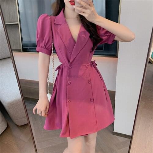 Women Vintage Mini Dress Retro Reduced Age Hepburn Suit Formal Bubble Sleeve Leaky Waist High Waist Pink Sexy Office Lady Dress
