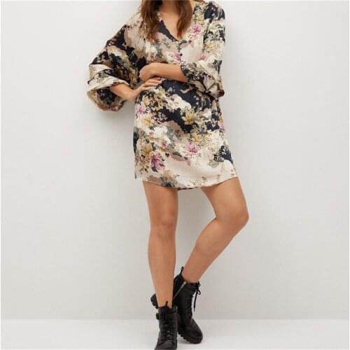 ZXQJ Women 2021 Fashion Elastic Cuff Oriental With Lining Print Dress Vintage V-Neck Bubble Long Sleeve Female Dresses Vestidos