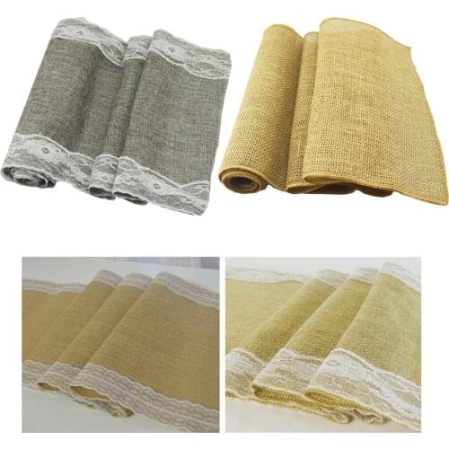 12x70inch Vintage Natural Burlap Just Table Runner Khaki/Gray Lace Imitated Linen Christmas Wedding Birthday Party Decorations