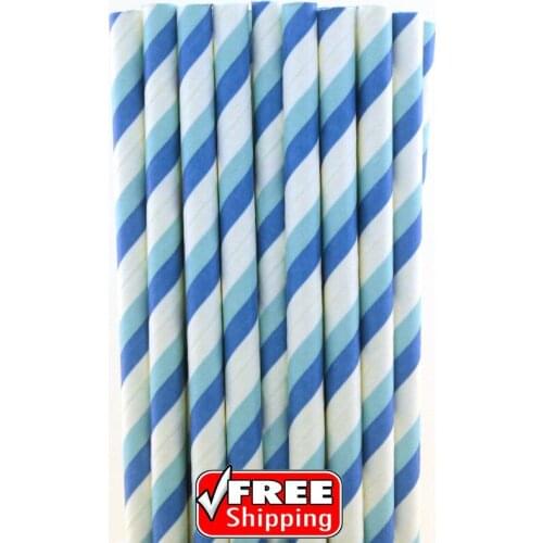 200pcs Royal Blue Light Blue Striped Paper Straws-Double Stripe Drinking Paper Straws-Birthday Party,Baby Shower,Wedding,Kids