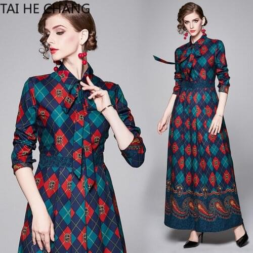 2019 Women Dress New Fashion Retro Spring Summer Elegant Slim Bodycon Vintage Party Runway Print Shirt Office Work Maxi Dresses