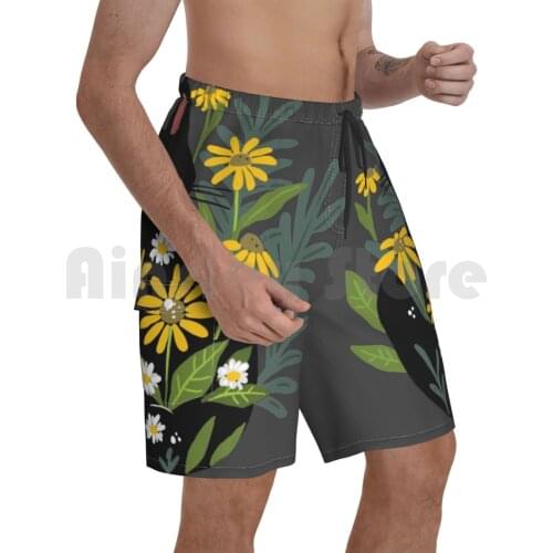 Black Cat With Flowers Beach Shorts Men Beach Pants Swimwear Black Cat Cat Flowers Daisy Garden Folk Cat Love Crazy