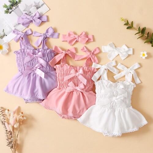 Toddler Baby Girls Lace Romper Dress Two-piece Clothes Set Sleeveless Bow-knot Pleated Jumpsuits and Headdress Infant Outfits