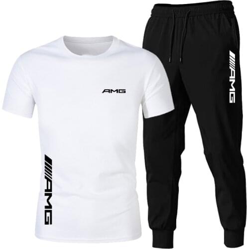 Summer new AMG fashion Trend mens Suit personalized fashion Printing Sports short-sleeved T-shirt + Sports Casual trousers Suit