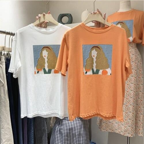 Summer T-shirt White O-neck Abstract Art Printing Tops Short Sleeve Loose Cotton T-shirt Women Girls Tees Camiseta