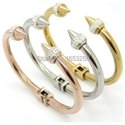 Lastest Crystals Nail Design Fashion Womens Bracelets 316L Stainless Steel Open Cuff Bangle Party Jewlery Women