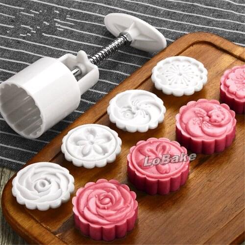 New arrivals 50g beautiful 3D round 4 style different flower shape mid-autumn festival mooncake moulding tools for DIY bakery