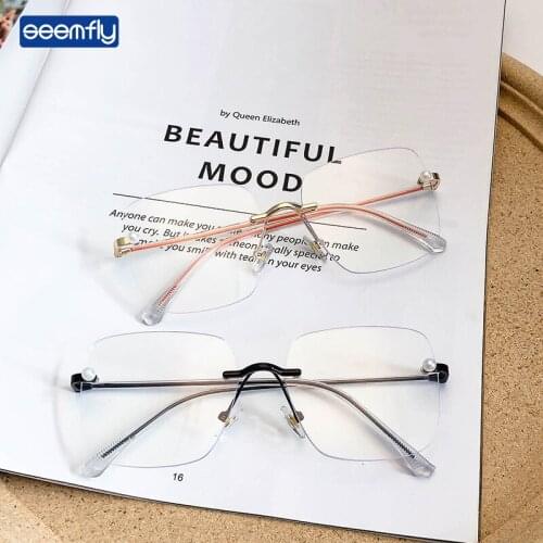 Seemfly Fashion Anti-Blue Light Pearl Rimless Glasses Frame HD Flat Lens Plain Glasses Metal Frame Spectacles For Men And Women