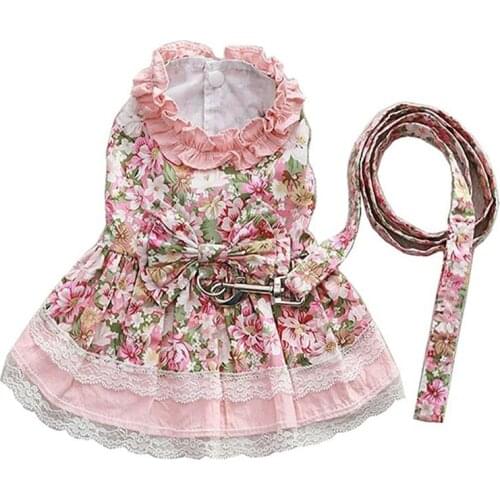 Dog Cat Dress Harness Floral Lace Breathable Princess Cotton D-ring Puppy Dress for Dogs Easy to Wear W/ Leash
