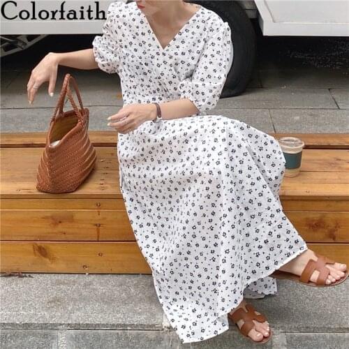 Colorfaith New 2021 Women Summer Dresses V-Neck Lace Up Floral Printed Vintage High Waist Elegant Korean Lady Long Dress DR9060