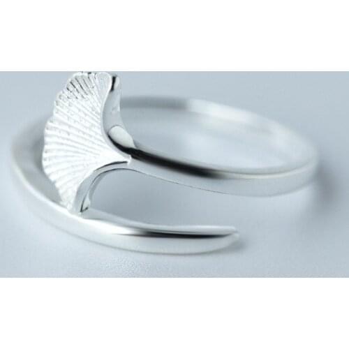 Adjustable REAL.Solid 925 Sterling Silver Jewelry gingko Leaf Openable Ring GTLJ961