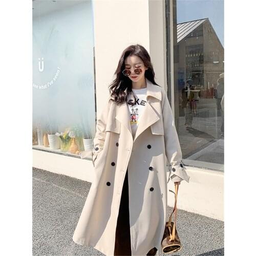 Womens Windbreaker Spring And Autumn New Korean Version Of Solid Color Wild Lapel Double Breasted Fashion Casual Trousers Coat