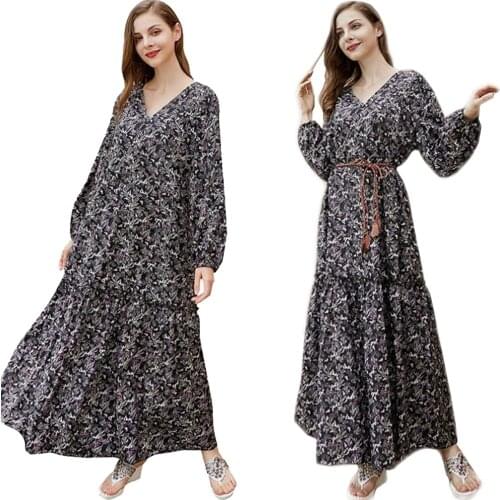 Vintage Fashion Casual Printed Long Dress V-neck Long Sleeve Women Spring Autumn Holiday Loose Size S-5XL Dress Ankle Length