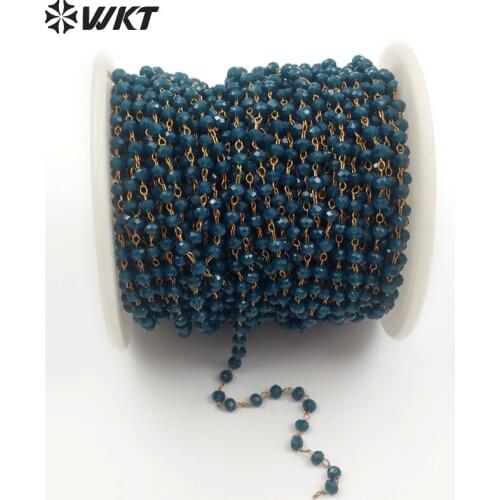 WT-RBC048 2.0 High quality Gold electroplated handmake stone rosary chain,dark blue stone wire wrapped chain for jewelry