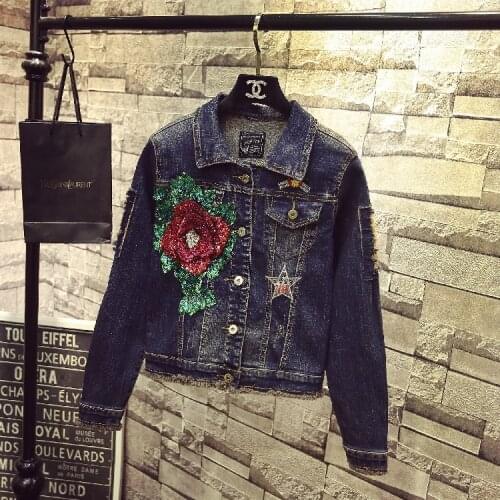 2021 Spring Autumn New Womens Short Denim Jacket Fashion Embroidery Green Flower Long Sleeved Holes Jeans Coat Students