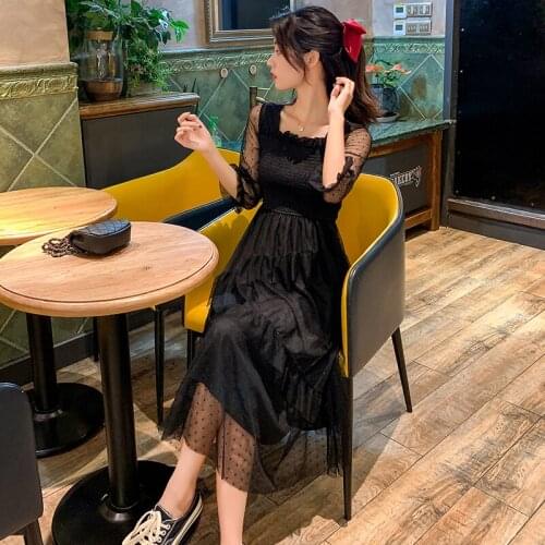 New summer Square collar Polka Dot Slim Chiffon Dress Puff Sleeve High Waist Elegant Women Mid-calf Dress