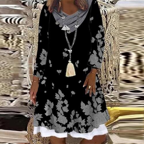 Harajuku Vintage Printed Loose A-Line Dress Women Autumn Elegant V-Neck Button Chic Dresses Ladies Casual Long Sleeve Dress 2021