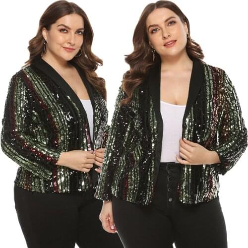 2020 Plus Size XL-5XL Women Jacket Long Sleeve Sequins Colorful Striped Coat Street Wear Elegant Casual Open Cardigan Outerwear