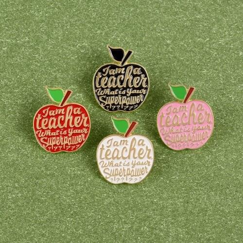 4 Styles Apple Enamel Pins Teachers Superpower Badge Brooch Denim Colthes Bags Cartoon Fruit Badges Jewelry Gifts for Teachers