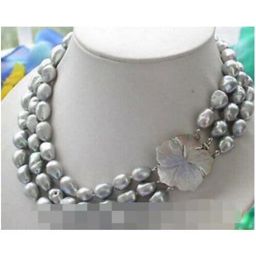 9-10 MM AAA+ gray baroque freshwater Cultured pearl NECKLACE 3 row