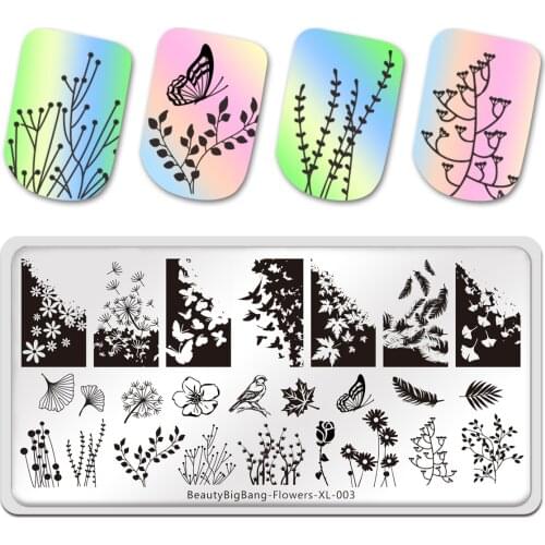 BeautyBigBang Stamping Plates Leaves Tree Bird Dandelion Plants Image Stainless Steel Stencil Nail Art Template Flower XL-003