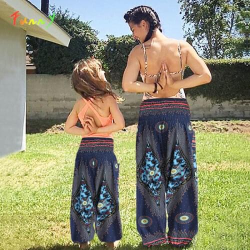 Bohemian Printed Mother and Daughter Yoga Pants Summer 2021 Loose Hippy Trousers Family Matching Outfits Toddler Girl Clothes