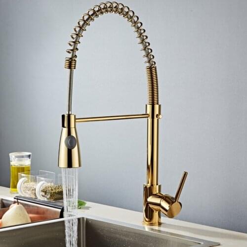 Spring Style Kitchen Faucet Golden Chrome Faucet Pull Out Torneira All Around Rotate Swivel 2-Function Water Outlet Mixer Tap
