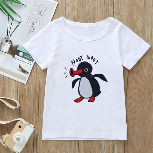 Cute Girls Clothes Europe Pop Cartoon Penguin Pingu Print T-shirt Oversized Summer Casual Fashion Childrens Clothing Kids NOOT