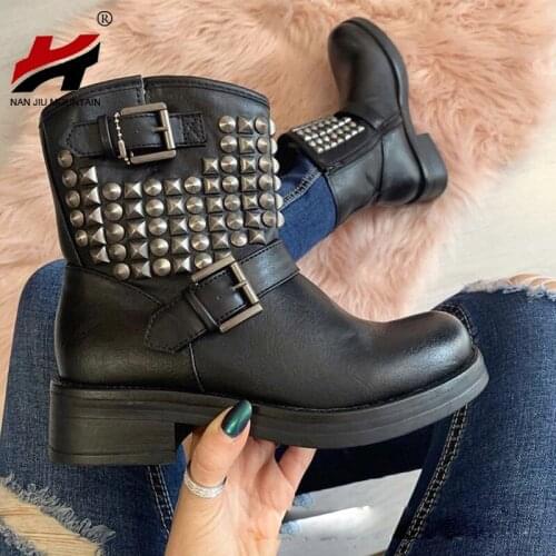 NAN JIU MOUNTAIN 2020 Women Boots Autumn Ankle Boots Platform Shoes Metal Rivet Buckle Fashion Plus Size 41
