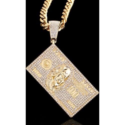 US Dollars Pendant Iced Out Chain Necklace Bling Crystal Charm Gold Color Necklace for Men Hip Hop Jewelry