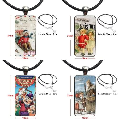 For Women Children Glass Cabochon Choker Pendant Rectangle Necklace Steel Color Jewelry Vintage Christmas Kid