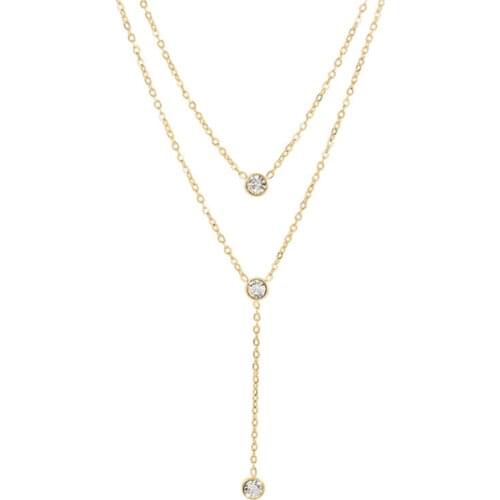 316L Stainless Steel Double Crystal Pendant Necklace Colorless Clavicle Chain Simple Necklace