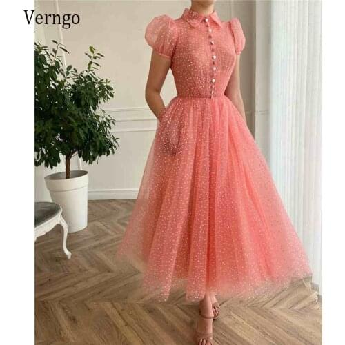 Verngo 2021 New Watermelon Pink Dotted Tulle A Line Prom Dresses High Neck Short Sleeves Buttons Ankle Length Formal Party Gowns