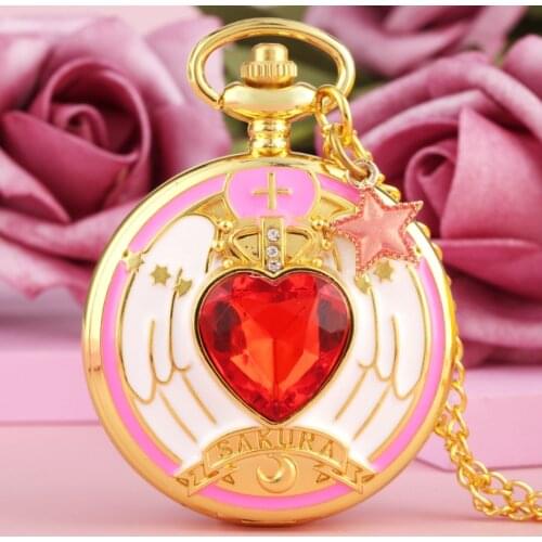 Superb Magic Rhinestone SAKURA Pocket Quartz Watch Luxury Gold Necklace COS FOB Chain Clock for Girls with Moon Star Accessory
