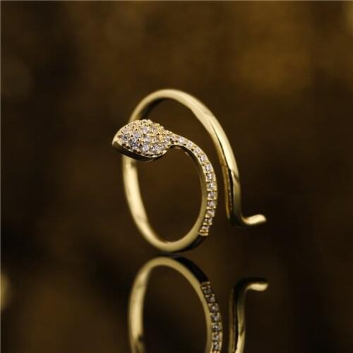 Simple Design Gold Color Copper Ring AAA+ Cubic Zirconia Snake Shape Open Ring For Women Girl Unique Design Party Jewelry