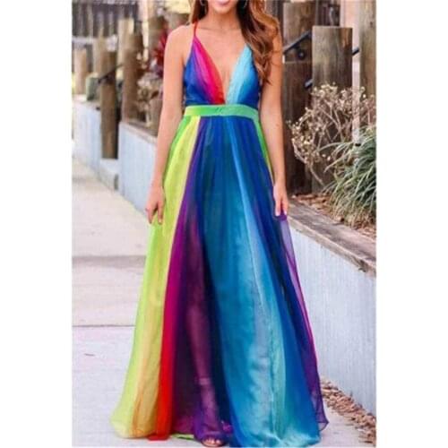 Rainbow sexy mini skirt Deep V mesh beach skirt Womens suspender dress