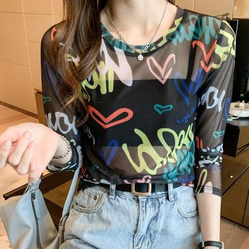 Printed Love Mesh T-shirt Tees Female Full Sleeve O-neck Thin See-through Fashon Streetwear Tshirt Tops Undershirts Women
