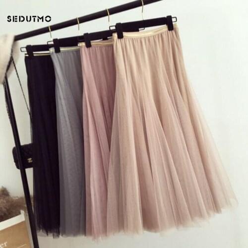SEDUTMO 2018 Spring Tulle Skirts Women Pleated Maxi Tutu Skirt High Waist Mesh Summer Elastic Black Lolita Ball Gown Skirt ED121